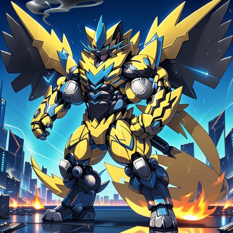 gigantic 10 storey tall zeraora holding huge assault rifles on both, hands with large shoulder missile launchers and a plasma blade, high detail, standing in a rainy city, 8k, high resolution, giant mechanical Muscular Zeraora, giant mechanical Muscular Zeraora is trampling the city, Zeraora is over 1000 meters long. Additional details: (masterpiece, official art, 8k, best quality) terrifying and imposing design, (smoke and flames rising from the destruction in the background, a lone figure) (high-tech bio-mecha armor, real texture material), (gigantic muscles, Gigachad Muscular, big muscle, pecs, triceps, traps, unusually developed muscular body, body full of huge muscles. showing off muscles, pectorales enormes, Exaggeratedly huge muscles.), (whole body shines like metal, Wearing cyberpunk mecha, emphasizes the muscles, suit fully made of metal, intricate armor, Robotic suit, suit fully made of metal, cyborg), (Spread wings, It has wings, have big wings, golden wings), (giant zeraora, Zeraora's giant robot, Powered exoskeleton with the same design as Zeraora), gundam,