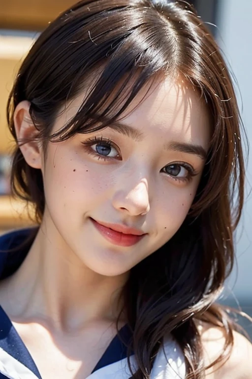 ((8k, highest quality, masterpiece、Realistic、Ultra-high resolution))、((Japanese women))、((Black Short Hair))、(Small breasts)、((thin thin eyebrows))、(((A mole in the corner of the eye)))、((Face is golden ratio))、smile、Town、((Beautiful Face))、Beautiful Eyes、Delicate face、Toned waist、(Sailor suit)、((school uniform))、School bag、Are sleeping、