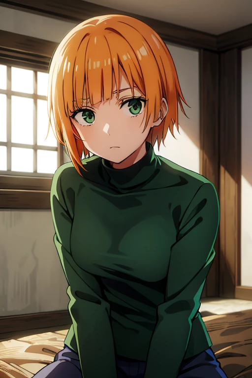 anime, detailed,short orange hair, green eyes, dark green pants, white turtleneck blouse, his green gakuran jacket