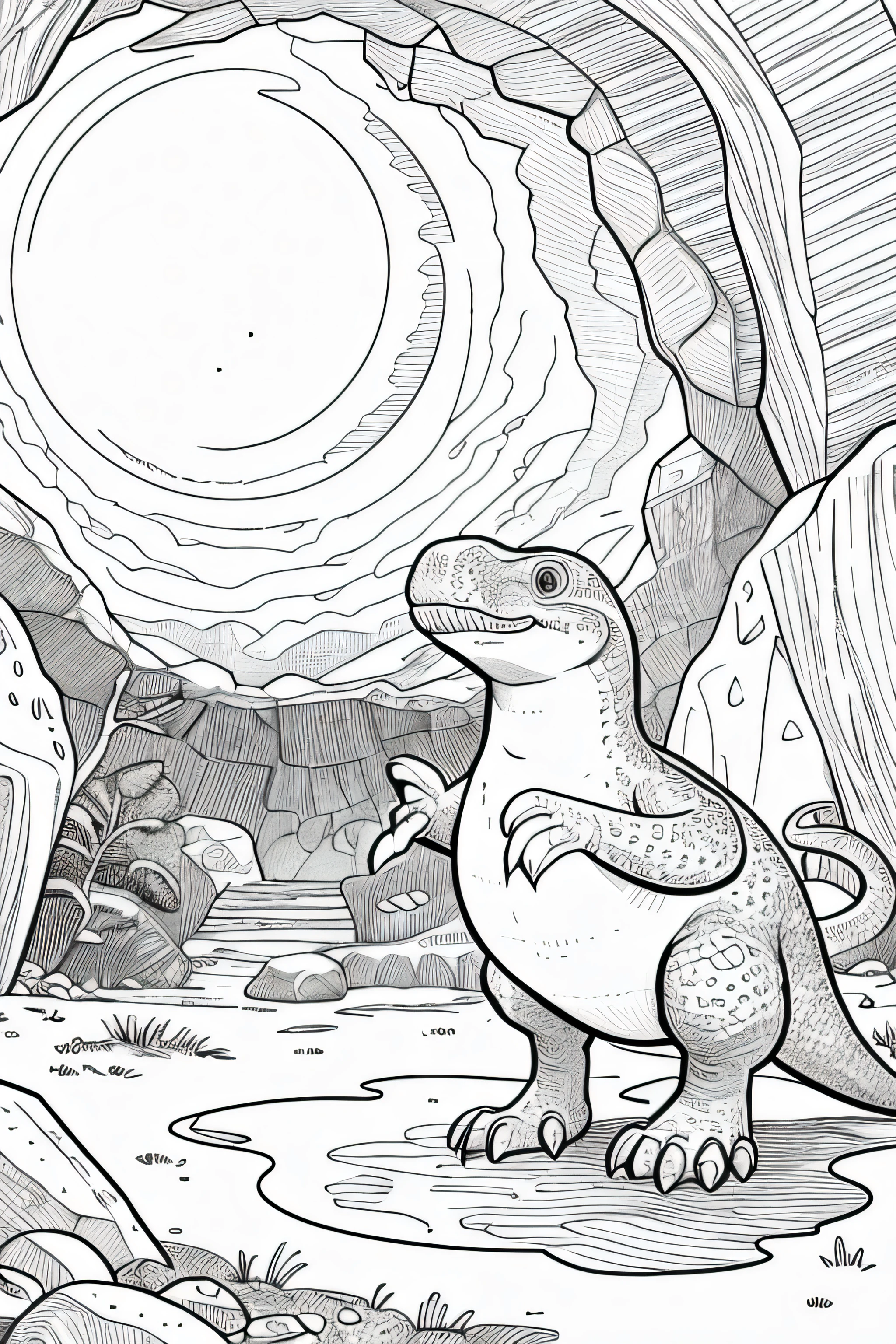 Create an illustration of a cute dinosaur exploring a cave with a flashlight for a kids' coloring book. The dinosaur should be in black and white, featuring simple and clear lines suitable for coloring. The style should be friendly and appealing to children, with a playful expression and round, non-threatening features. Ensure the resolution is high (300 DPI) to make it print-ready for a coloring book.