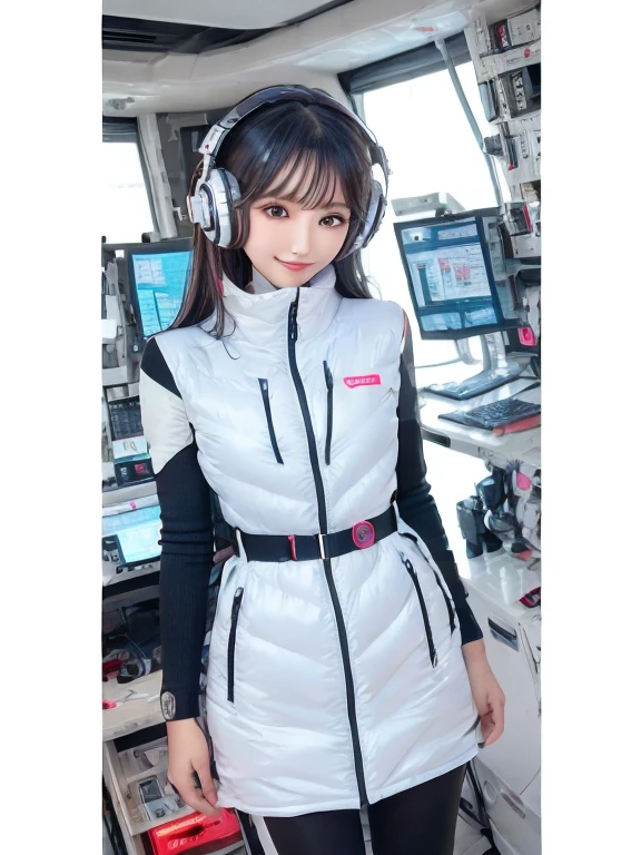 masterpiece, highest quality, Very detailed, 8K Portrait,Japanese Android Girl,plump , Control panel,Robotic arms and legs, Blunt bangs,,break (Metallic Gray, Metallic luster, Mirror finish, Astro Best):5,headphone:5,break (Black sleeves):100,Smart Watches,Futuristic space station,Control Room,break headphone,blue eyes,(Black Hair):2,(Long Hair):1.3,View the viewer,(respirator),break blush:3,Hidden Hand,smile