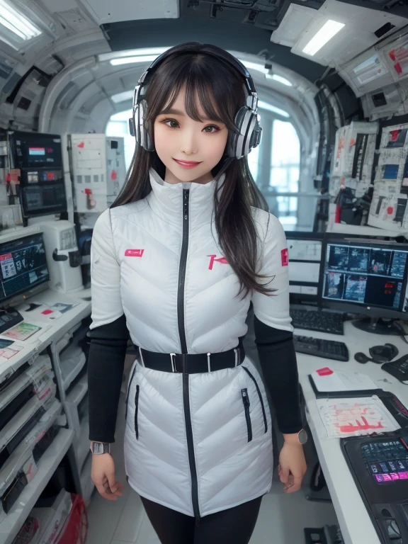 masterpiece, highest quality, Very detailed, 8K Portrait,Japanese Android Girl,plump , Control panel,Robotic arms and legs, Blunt bangs,,break (Metallic Gray, Metallic luster, Mirror finish, Astro Best):5,headphone:5,break (Black sleeves):100,Smart Watches,Futuristic space station,Control Room,break headphone,blue eyes,(Black Hair):2,(Long Hair):1.3,View the viewer,(respirator),break blush:3,Hidden Hand,smile