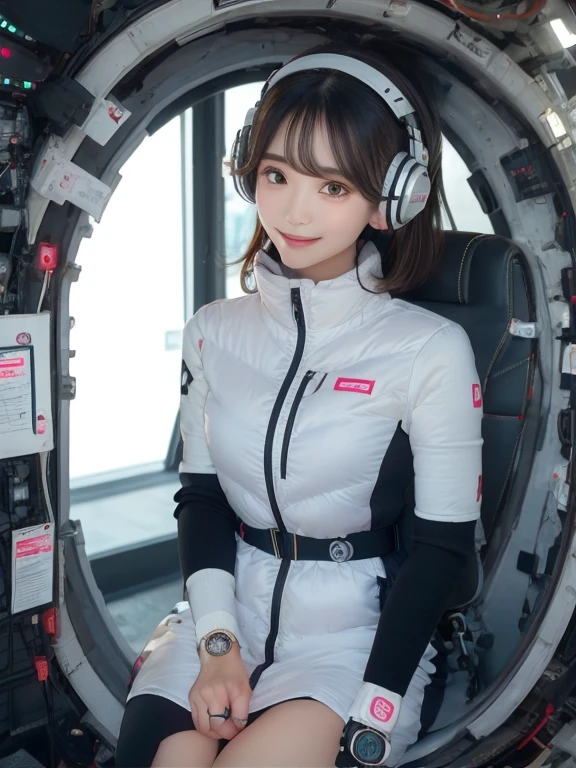 masterpiece, highest quality, Very detailed, 8K Portrait,Japanese Android Girl,plump , Control panel,Robotic arms and legs, Blunt bangs,,break (Metallic Gray, Metallic luster, Mirror finish, Astro Best):5,headphone:5,break (Black sleeves):100,Smart Watches,Futuristic space station,Control Room,break headphone,blue eyes,(Black Hair):2,(Long Hair):1.3,View the viewer,(respirator),break blush:3,Hidden Hand,smile