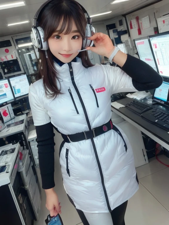 masterpiece, highest quality, Very detailed, 8K Portrait,Japanese Android Girl,plump , Control panel,Robotic arms and legs, Blunt bangs,,break (Metallic Gray, Metallic luster, Mirror finish, Astro Best):5,headphone:5,break (Black sleeves):100,Smart Watches,Futuristic space station,Control Room,break headphone,blue eyes,(Black Hair):2,(Long Hair):1.3,View the viewer,(respirator),break blush:3,Hidden Hand,smile