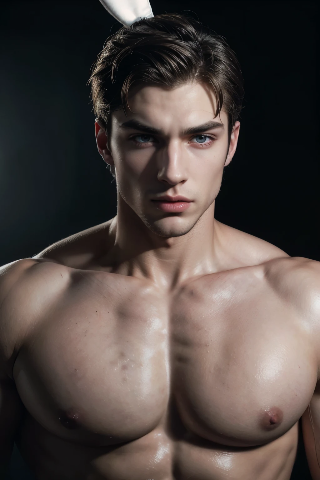 muscular handsome caucasian man in playboy bunny costume,extremely detailed face,highly detailed eyes,extremely detailed facial features,beautiful detailed lips,beautiful detailed nose,beautiful detailed eyebrows,detailed muscular body,smooth skin,posed confidently,dramatic lighting,studio lighting,cinematic lighting,vibrant colors,photorealistic,high quality,8k,award winning photography
