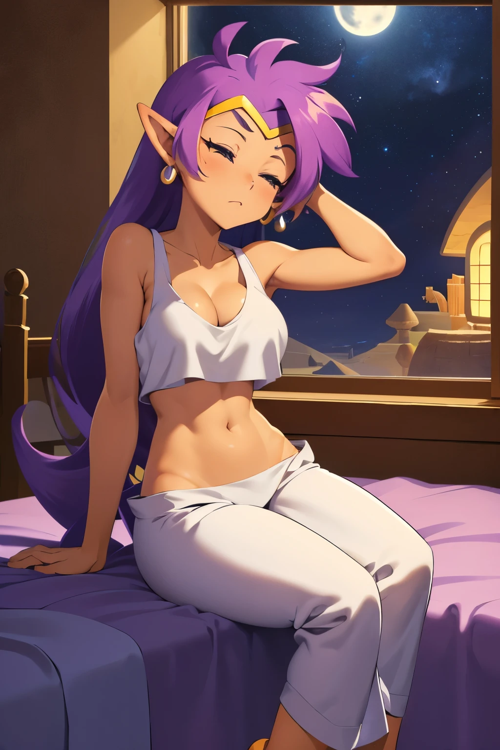 masterpiece, best quality, shantae, (white tanktop), midriff, ((baggy pajama pants)), (white pants), fluffy hair, sleepy expression, sitting on edge of bed, desert house, ((midnight)), barely awake, window, starry night, bed hair, large breasts, moon