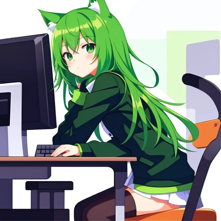 超A high resolution, Hmph, Best aesthetics, highest quality, Tabletop, ik1、I am using a computer、One Girl、Jade green jacket、Cartoon bones、Green Hair Anime Girl, Anime Moe Art Style, flat anime style, Cute anime cat girl, nekomimi, Black cat ears anime girl,  Digital anime illustration, Digital Green Fox, sitting in front of a computer, Cat-eared girl, In front of the computer, Plain white background in anime style