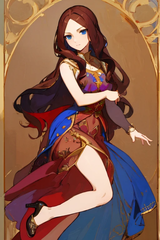 ((highest quality)), ((masterpiece)), (be familiar with),Leonardo da Vinci, Leonardo da Vinci, Leonardo da Vinci \(destiny\),Long Hair,blue eyes,Brown Hair,,nsfw,Sleeveless dress,Gorgeous blue dress,Gold embroidery,High heels,Fascinating,Long skirt