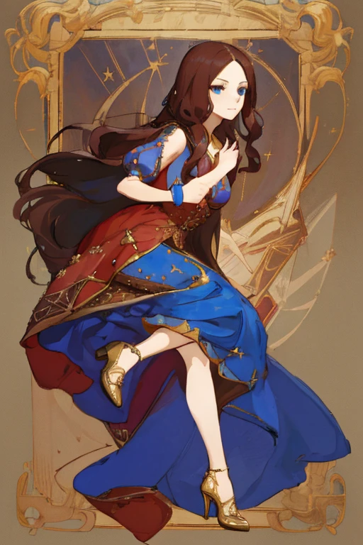 ((highest quality)), ((masterpiece)), (be familiar with),Leonardo da Vinci, Leonardo da Vinci, Leonardo da Vinci \(destiny\),Long Hair,blue eyes,Brown Hair,,nsfw,Sleeveless dress,Gorgeous blue dress,Gold embroidery,High heels,Fascinating,Long skirt