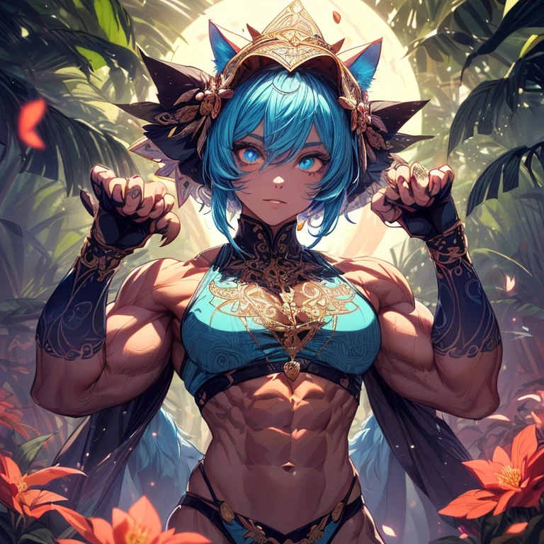 ((Best quality)), ((masterpiece)), ((highly intricate details)),beautiful, high quality, highres, absurdres, light difussion, intricate details, complex details, ((anime)), (anime:1.2) , (perfect face:1.3), extreme detailed eyes, colorful, highest detailed, vibrant colors, high contrast, (8K UHD:1.2), (photorealistic:1.2),(masterpiece:1.4), (best quality:1.4), realistic,(best quality, ultra-detailed, (cat-beast hunter:1.8),
(A cat-beast hunter who lives in a lush forest. He wears elaborate and beautiful ornaments made of plants. His eyes are brightly colored and shining. Moonlight shines through the dense forest. Detailed drawing. Vivid colors. High image quality:1.5),
(The protagonist looks up at the A large tree from below: 1.2),
(Vivid colors:1.1), (paradise nymph:1.2), (Glowing butterfly:1), (glowing petals:1.1),
(mandala:1.1), (pattern:1), (design:1), (spiral:1), (Colorful floral pattern:1),
(Wormhole world:1.1),
(masterpiece:1.3), (illustration:1.1), (best quality:1.1), (best aethetic:1), (beautiful art:1.2), (ultra-detailed:1.2), (8k), (HDR), (sharp focus), (intricate),LowRA
 , clean body, abs, (body builder:1.5),muscular,beautiful muscle,((female,girl)),busty,curvy,sexy,((big eyes,perfect eyes, beautiful eyes))