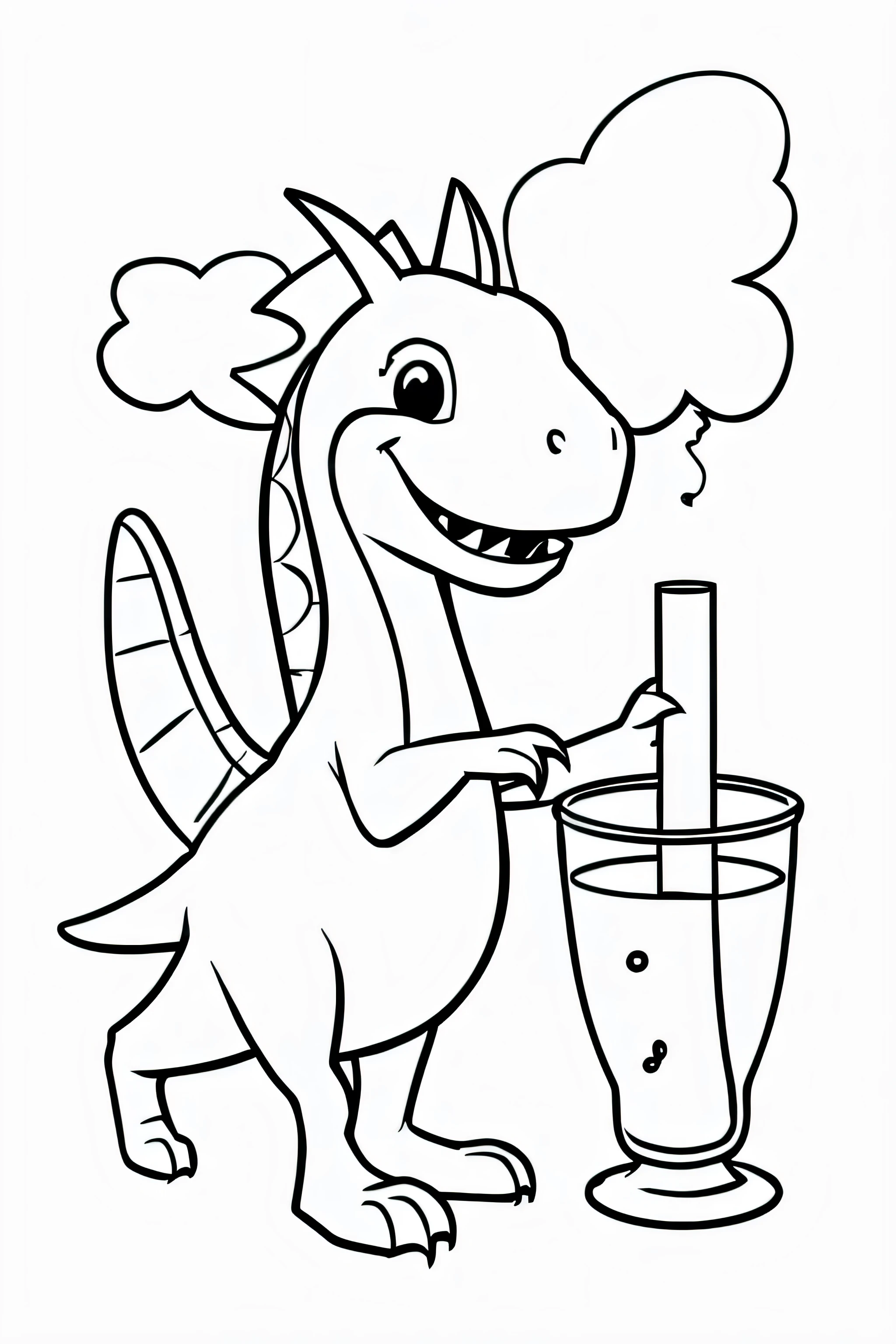 Create an illustration of a cute dinosaur participating in a science experiment for a kids' coloring book. The dinosaur should be in black and white, featuring simple and clear lines suitable for coloring. The style should be friendly and appealing to children, with a playful expression and round, non-threatening features. Ensure the resolution is high (300 DPI) to make it print-ready for a coloring book