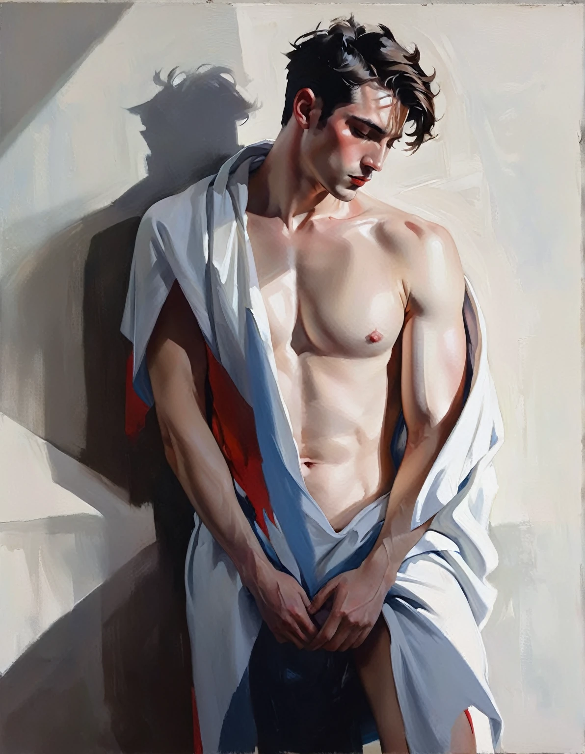 chiaroscuro technique on sensual illustration of an arafed man resting in white blanket, y masculine, model with attractive body, inspired by Ludovit Fulla, mid-shot of a hunky, the model draped in flowing, thick oil painting by Harumi Hironaka, extremely soft colors, vibrant, highly detailed, malcolm liepke painting, oil on canvas, high contrast, dramatic, refined, tonal, Create high contrast between light and shadow by Leon Polk Smith, memphis abstract minimal art, graphic shapes, minimal art, blue and red, minimal art style, bauhaus art, inspired by El Lissitzky, bold simple shapes, shadow