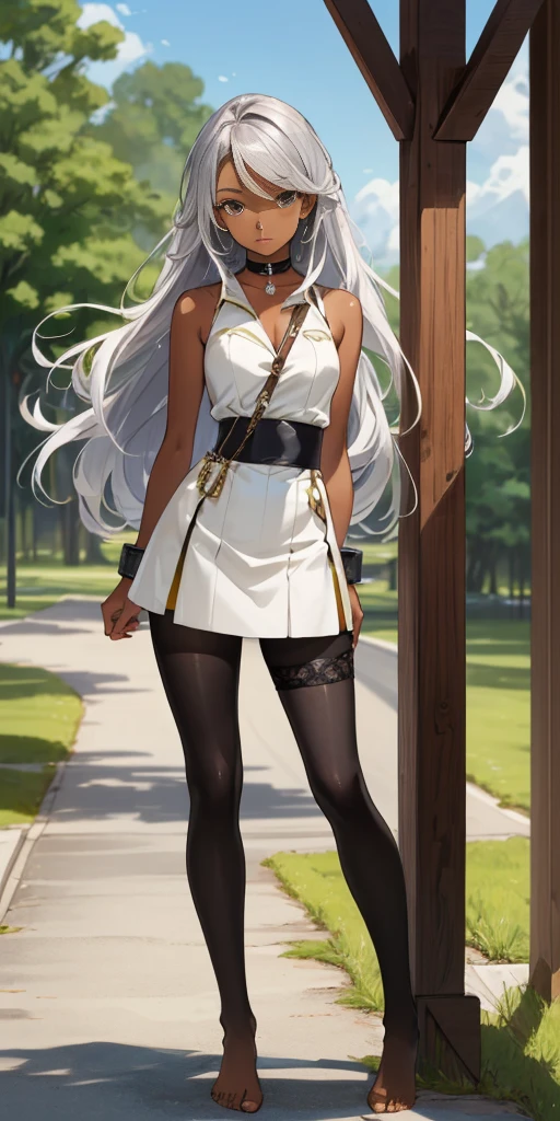 (Masterpiece, best quality, intricate details, 1sologirl) iron collar, arms behind back, iron cuffs, shackles, leather collar choker neck bell, bound ((standing by wooden pole:1.2)) ((female Black Dark skin Gyaru)) show entire body frontal position, feet in view, realistic, gorgeous 16y.o. darkest skinned mixed race female, black African, transparent black pantyhose, legs open, museum,barefoot no shoes, looking to viewer straight symmetrical, white silver long hair