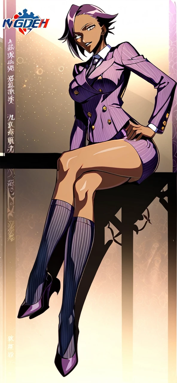  Full body Yoruichi as a thin Black business woman in a double breasted pinstripe purple  skirt suit while wearing a tie with a very long purple pinstripe skirt that covers the legs and with long black knee socks full art and make her sit down also give her thin legs and purple heels