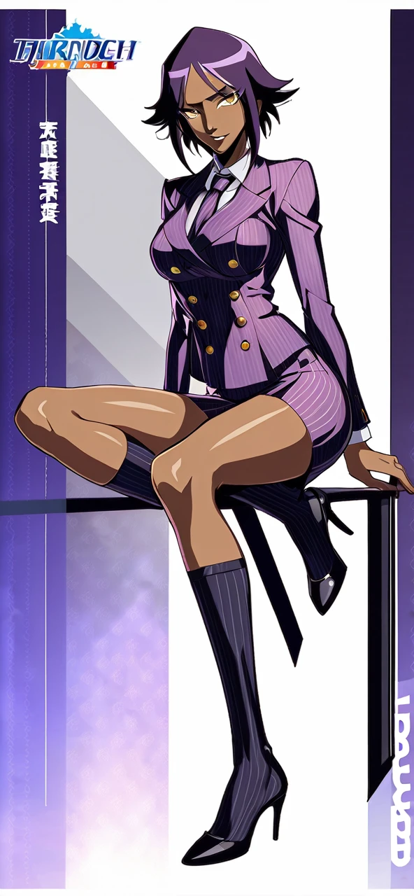  Full body Yoruichi as a thin Black business woman in a double breasted pinstripe purple  skirt suit while wearing a tie with a very long purple pinstripe skirt that covers the legs and with long black knee socks full art and make her sit down also give her thin legs and purple heels