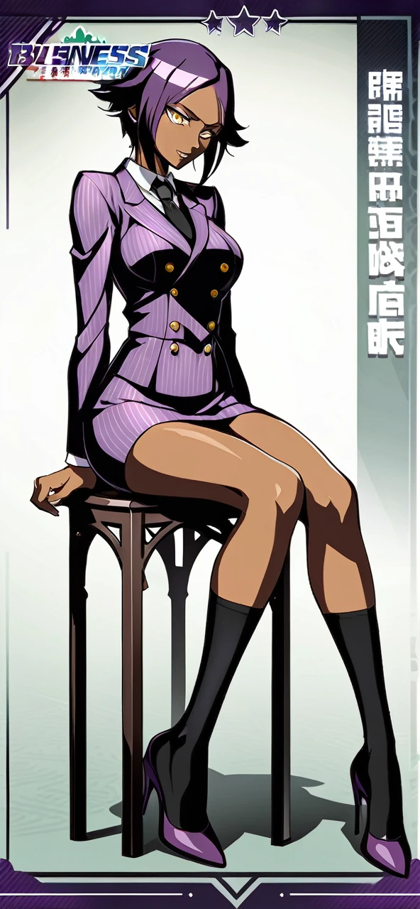  Full body Yoruichi as a thin Black business woman in a double breasted pinstripe purple  skirt suit while wearing a tie with a very long purple pinstripe skirt that covers the legs and with long black knee socks full art and make her sit down also give her thin legs and purple heels