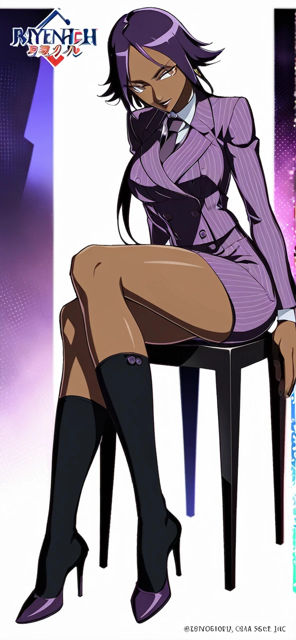  Full body Yoruichi as a thin Black business woman in a double breasted pinstripe purple  skirt suit while wearing a tie with a very long purple pinstripe skirt that covers the legs and with long black knee socks full art and make her sit down also give her thin legs and purple heels