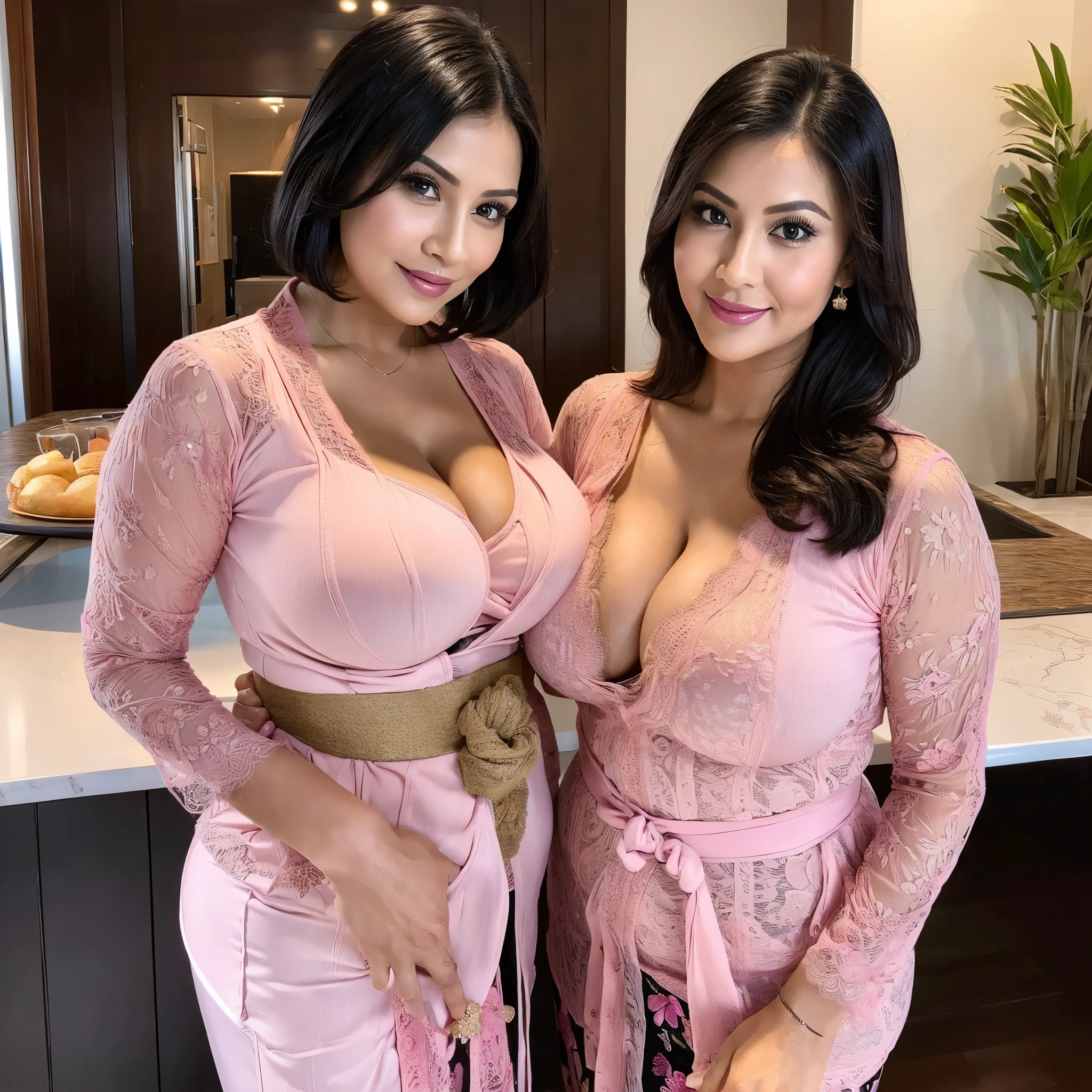 ((2girls)),Tankop,upper body,Best Quality, 8k, 32k, Masterpiece, UHD:1.3), Photo of Attractive milf Woman, black hair,short hair, 1 Girl, (gigantic Boobs:1.4), Abs, Perfect Body, Ultra Detailed Face, Detailed Lips, Ultra Detailed Hair, Fine Eyes, double eyelids,((pink kebaya)) (REALISTIC) (elegant milf) (Big Mature : 3 Curvy body) ((goddess face)) ,(((pink kebaya))),huge breasts,(trasnparent),black hair,black skirt, face,milf,(covering the cleavage:1.2),holding milk