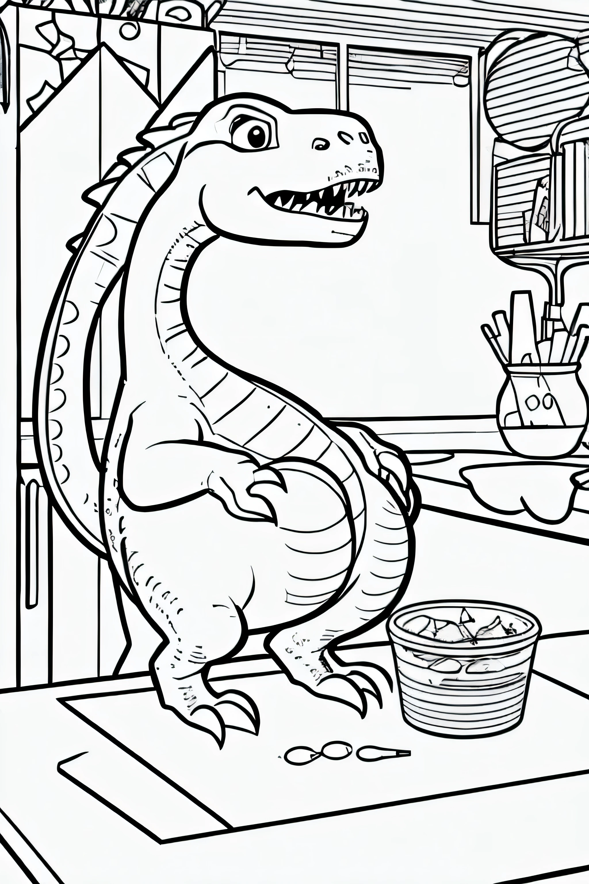 Create an illustration of a cute dinosaur participating in a science experiment for a kids' coloring book. The dinosaur should be in black and white, featuring simple and clear lines suitable for coloring. The style should be friendly and appealing to children, with a playful expression and round, non-threatening features. Ensure the resolution is high (300 DPI) to make it print-ready for a coloring book