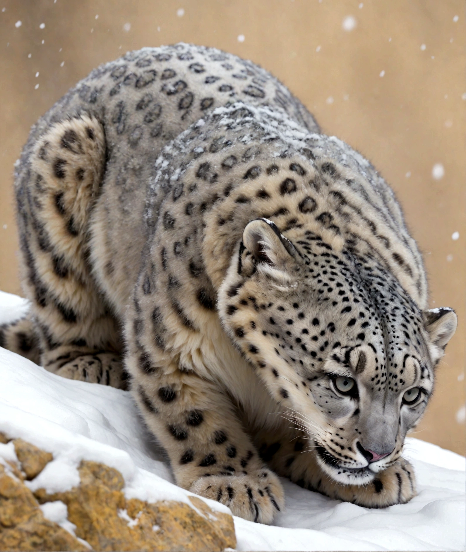 snow leopard laying down, fluffy snow leopard, bobbed tail