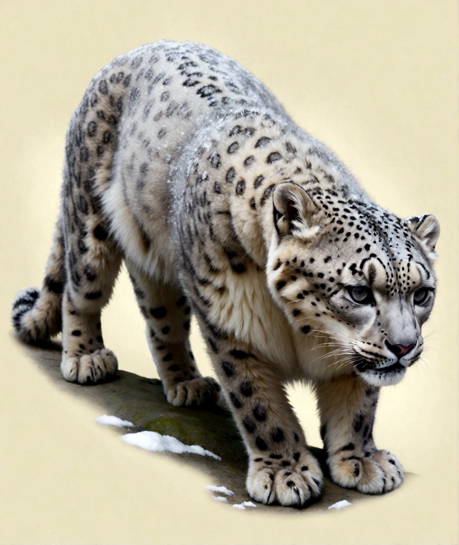 snow leopard laying down, fluffy snow leopard, bobbed tail