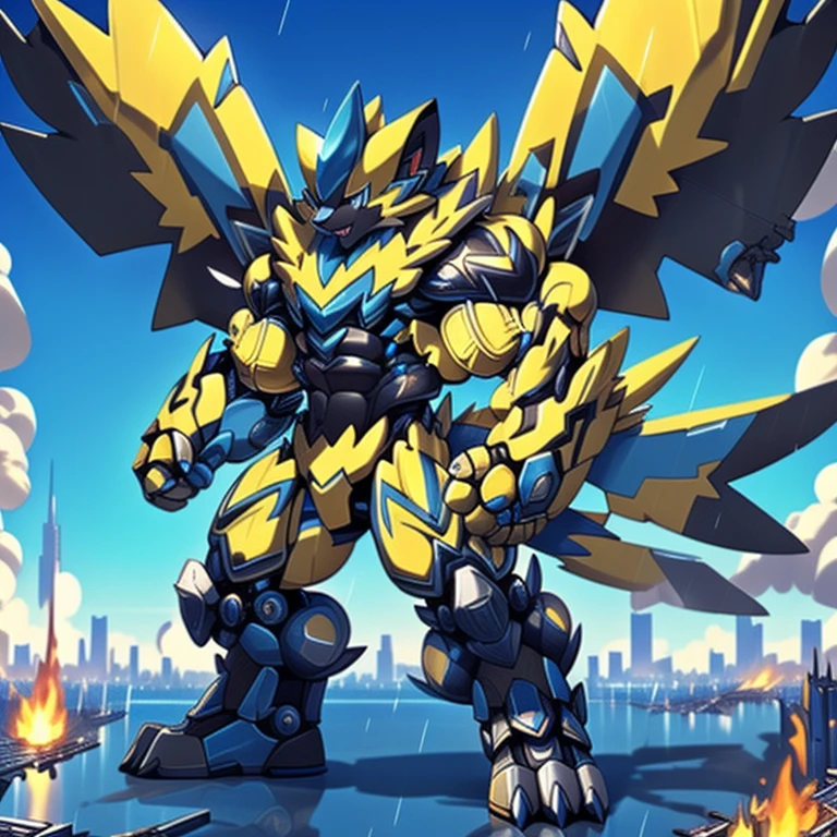 gigantic 10 storey tall zeraora holding huge assault rifles on both, hands with large shoulder missile launchers and a plasma blade, high detail, standing in a rainy city, 8k, high resolution, giant mechanical Muscular Zeraora, giant mechanical Muscular Zeraora is trampling the city, Zeraora is over 1000 meters long. Additional details: (masterpiece, official art, 8k, best quality) terrifying and imposing design, (smoke and flames rising from the destruction in the background, a lone figure) (high-tech bio-mecha armor, real texture material), (gigantic muscles, Gigachad Muscular, big muscle, pecs, triceps, traps, unusually developed muscular body, body full of huge muscles. showing off muscles, pectorales enormes, Exaggeratedly huge muscles.), (whole body shines like metal, Wearing cyberpunk mecha, emphasizes the muscles, suit fully made of metal, intricate armor, Robotic suit, suit fully made of metal, cyborg), (Spread wings, It has wings, have big wings, golden wings), (giant zeraora, Zeraora's giant robot, Powered exoskeleton with the same design as Zeraora), gundam,