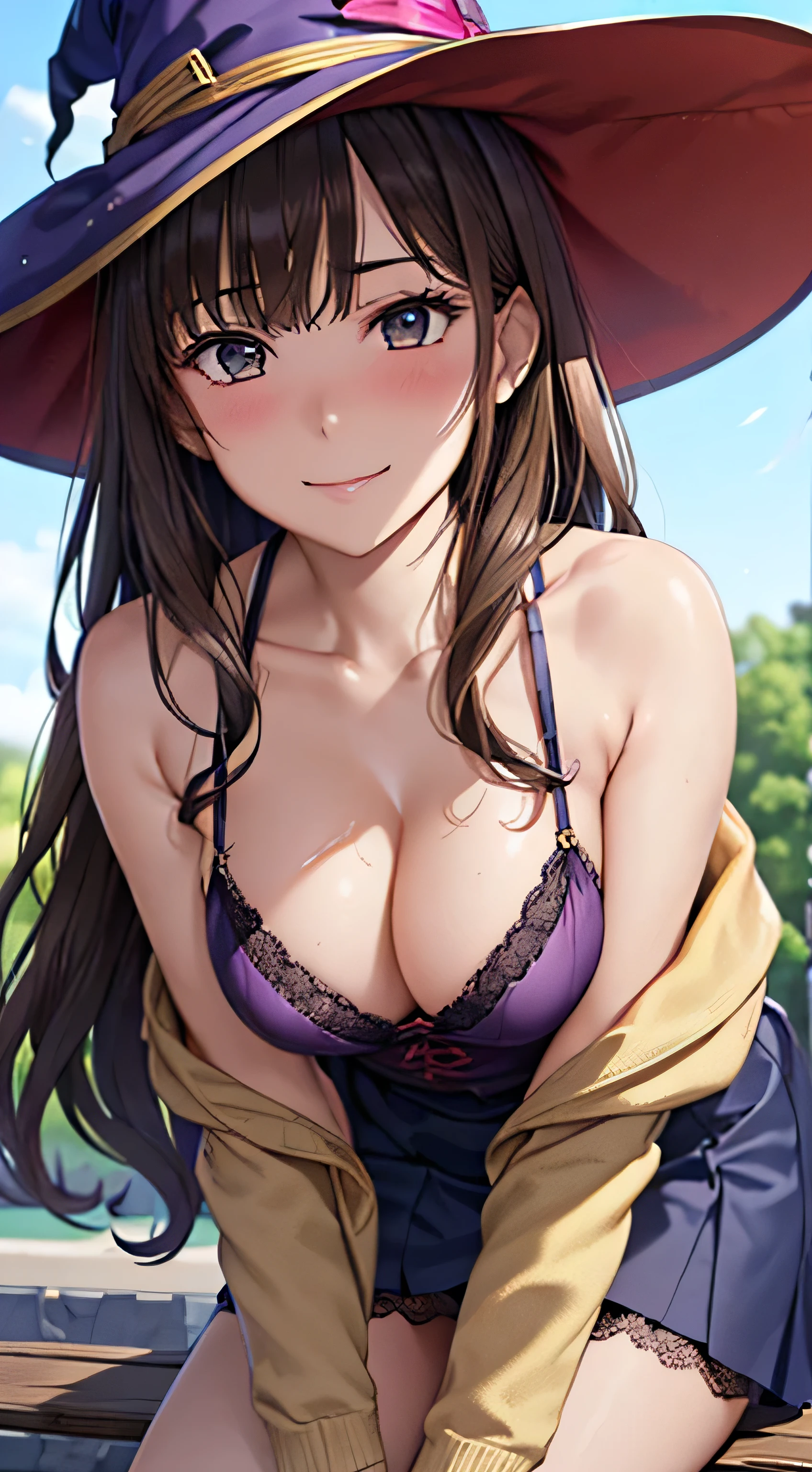 ((Tabletop, highest quality, High resolution, , Pixel Perfect, 4K, ))), Beautiful woman,, alone, beauty、The whole body is visible、 (((Sexy Witch Cosplay), Long dark blonde wavy hair、Off-the-shoulder jacket, Dark blue flared skirt、Witch Hat、Mid-wave hair, bangs, Brown Hair)), ((Brown eyes, Beautiful eyelashes, Realistic eyes)), ((Detailed face, Blushing:1.2)), ((Smooth texture:0.75, Realistic texture:0.65, Realistic:1.1, Anime CG Style)), Center of chest, Dynamic Angle, Perfect body, ((,)), Leaning forward、、、Very embarrassing panic smile, 、Castle town park、Sit on a bench、(The wind flipped up her skirt, Pink lace panties are fully visible、、、、)、Angle from below