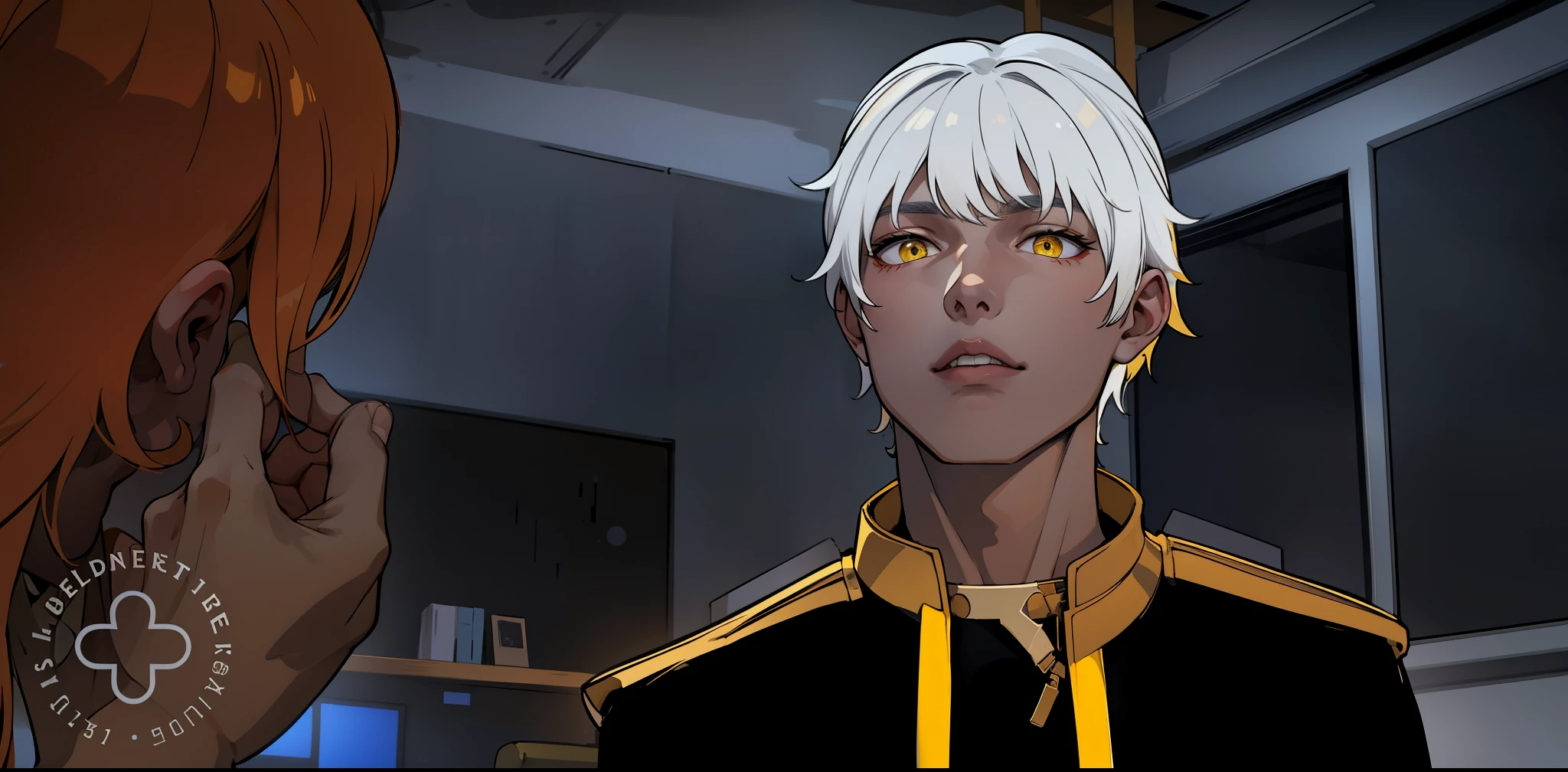 cute 18 year old boy yellow eyes white hair has golden armor black clothes with yellow speaks calmly