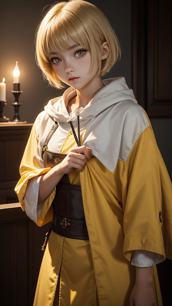 high detail, clarity, 8 kkk, young girl, 18 years old, light hair, short hair, yellow eyes, blazing, Realism, fantasy,