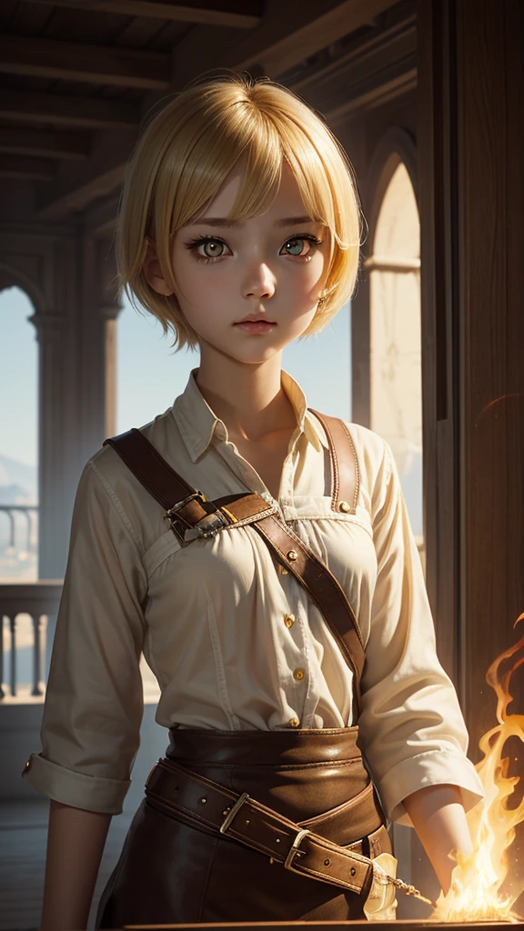 high detail, clarity, 8 kkk, young girl, 18 years old, light hair, short hair, yellow eyes, blazing, Realism, fantasy,
