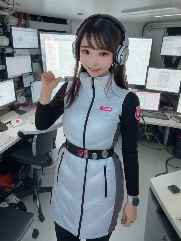 masterpiece, highest quality, Very detailed, 8K Portrait,Japanese Android Girl,plump , Control panel,Robotic arms and legs, Blunt bangs,,break (Metallic Gray, Metallic luster, Mirror finish, Astro Best):5,headphone:5,break (Black sleeves):100,Smart Watches,Futuristic space station,Control Room,break headphone,blue eyes,(Black Hair):2,(Long Hair):1.3,View the viewer,(respirator),break blush:3,Hidden Hand,smile