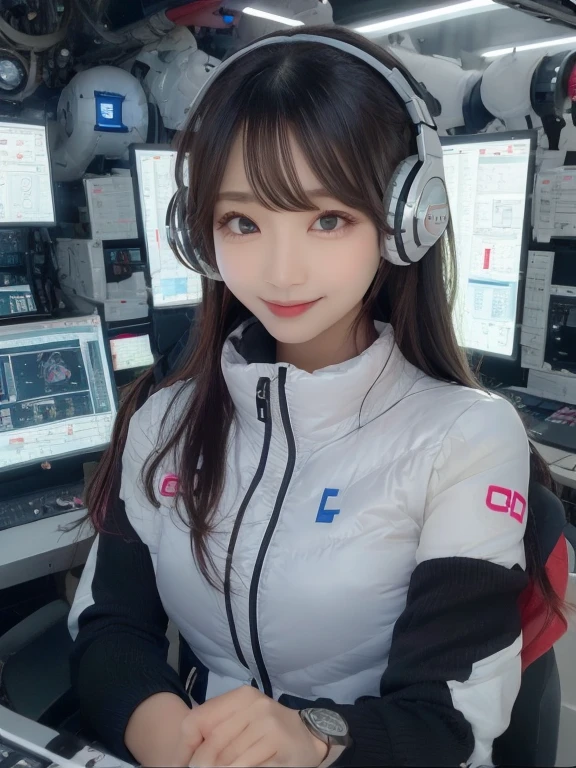 masterpiece, highest quality, Very detailed, 8K Portrait,Japanese Android Girl,plump , Control panel,Robotic arms and legs, Blunt bangs,,break (Metallic Gray, Metallic luster, Mirror finish, Astro Best):5,headphone:5,break (Black sleeves):100,Smart Watches,Futuristic space station,Control Room,break headphone,blue eyes,(Black Hair):2,(Long Hair):1.3,View the viewer,(respirator),break blush:3,Hidden Hand,smile