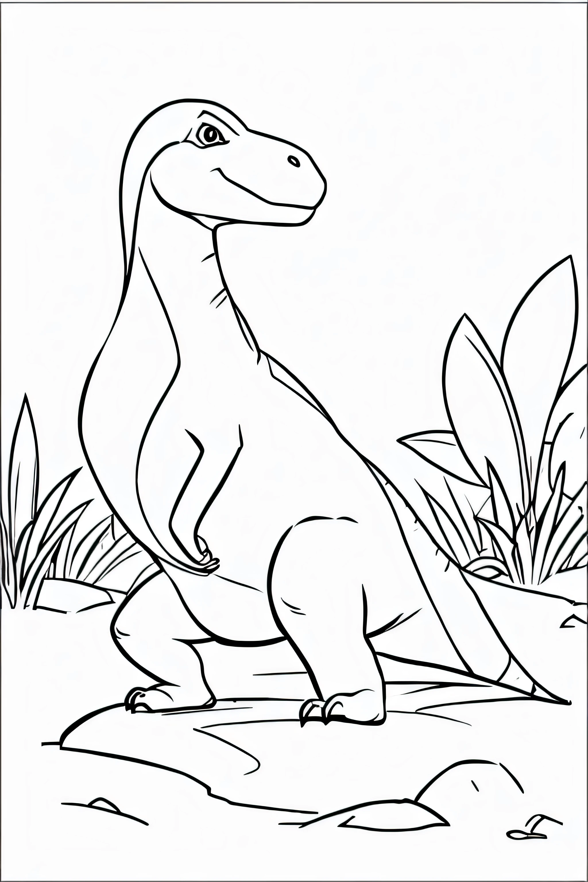 Create an illustration of a cute dinosaur practicing yoga in a peaceful setting for a kids' coloring book. The dinosaur should be in black and white, featuring simple and clear lines suitable for coloring. The style should be friendly and appealing to children, with a playful expression and round, non-threatening features. Ensure the resolution is high (300 DPI) to make it print-ready for a coloring book.