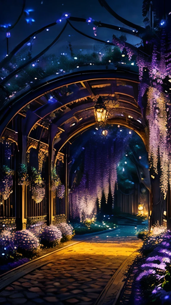 Imagine a breathtaking night view, A beautiful wisteria trellis illuminated by spotlights, Delicate purple flowers emit a fantastic glow.. The delicately crafted petals shine in the soft light.., Creating captivating expressions of color and texture. Trellis, Decorated with lush vines, It seems to stretch towards the clear night sky, As if the flowers were making the stars dance. The cool night air brings with it the sweet scent of wisteria.., Create an enchanting atmosphere. Wisteria vines create an artistic interplay of light and light.