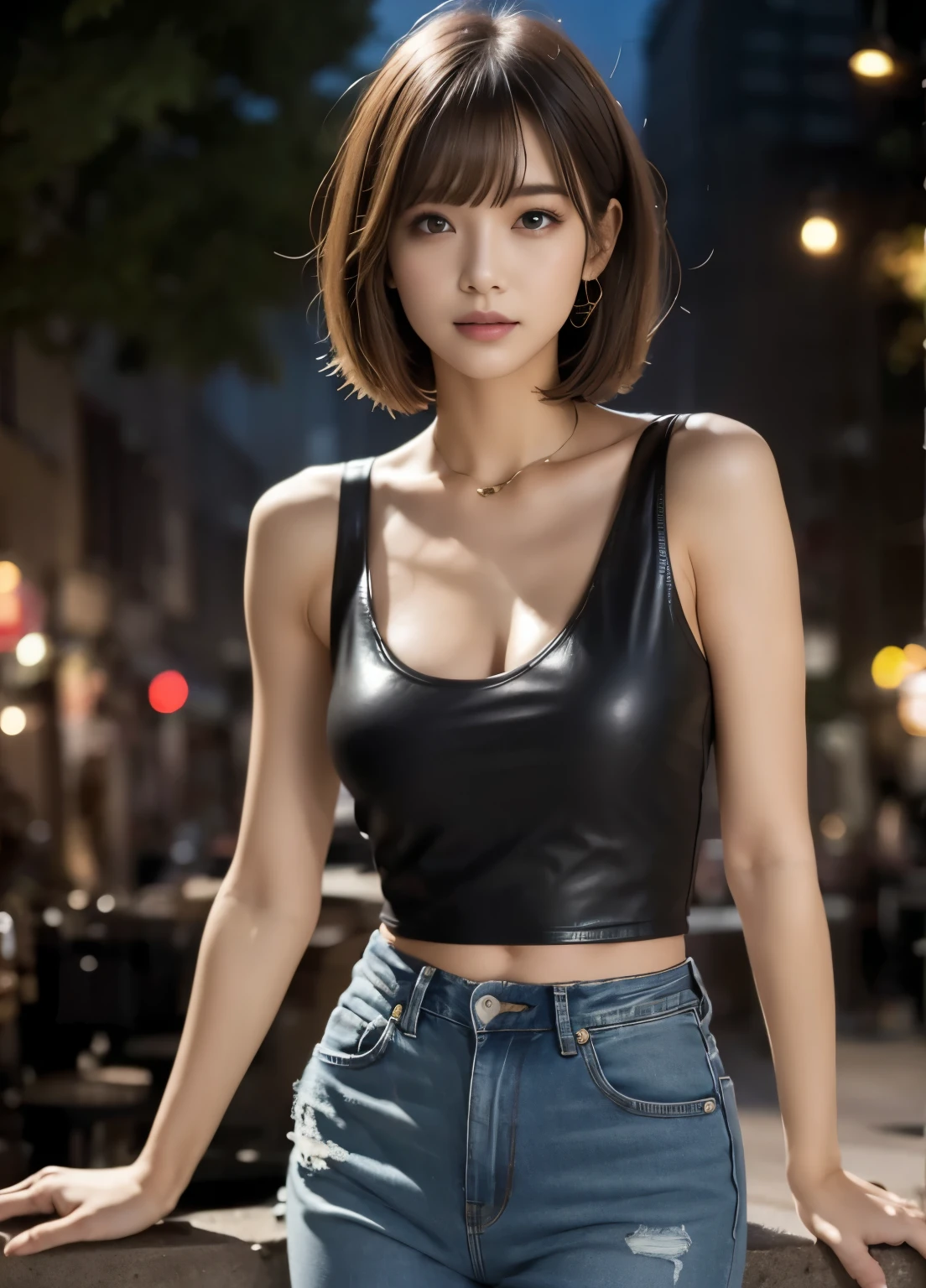 Denim pants:1.3, Black Leather Tank Top, Medium Bob