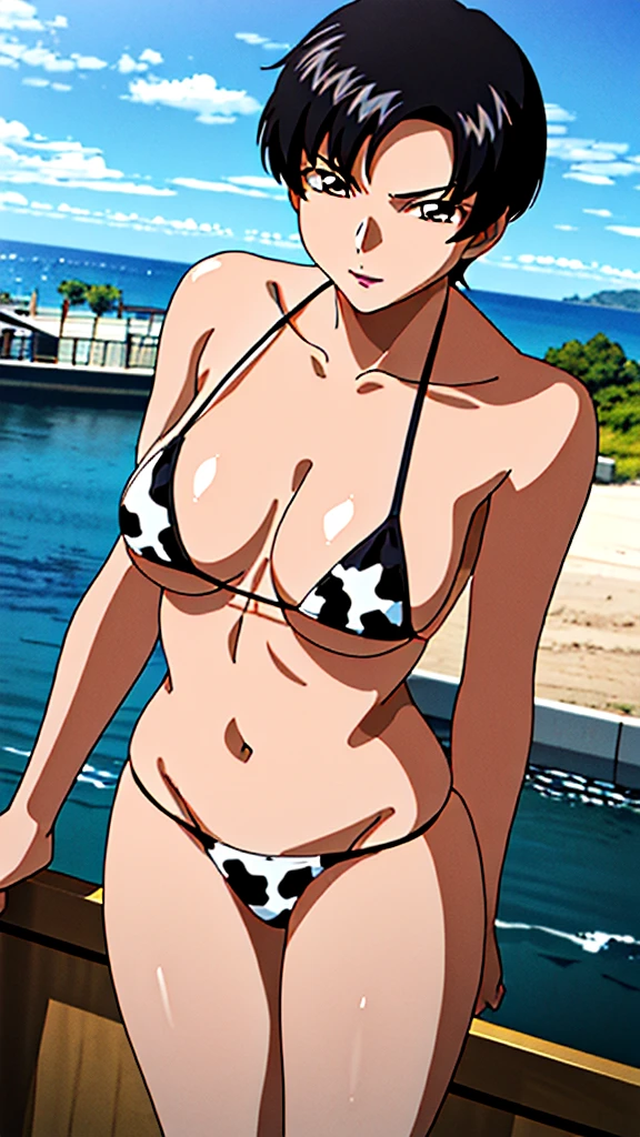 (masterpiece, 4K, highest quality, anime style: 1.9, Detailed face, Lovely, Ocean,Bold Line, High resolution, anime, Lake 4. alone, Curvaceous, Very slim belly, Cowboy Shot, Cow print bikini,1 girl,Black Hair,short hair,Natal Basileur