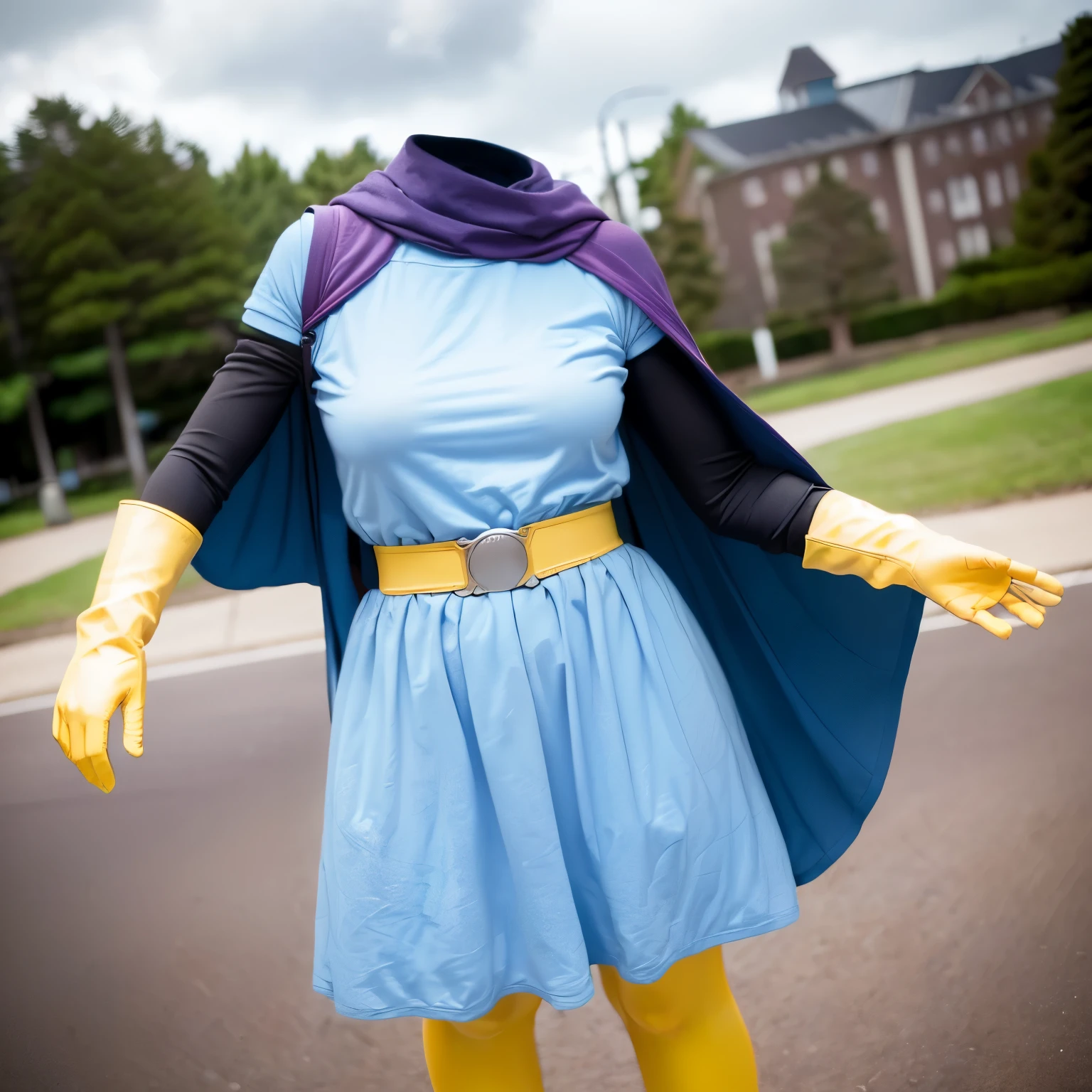 grass field, Alena, cape, yellow dress, short sleeves, belt, gloves, skirt, black pantyhose, fat, cute big breasts, (invisible, no human, headless, handless:1.5), (8k, RAW photo, best quality, masterpiece:1.2), (realistic, photo-realistic:1.37), photon mapping, radiosity, ((Hasselblad photography)), physically-based rendering