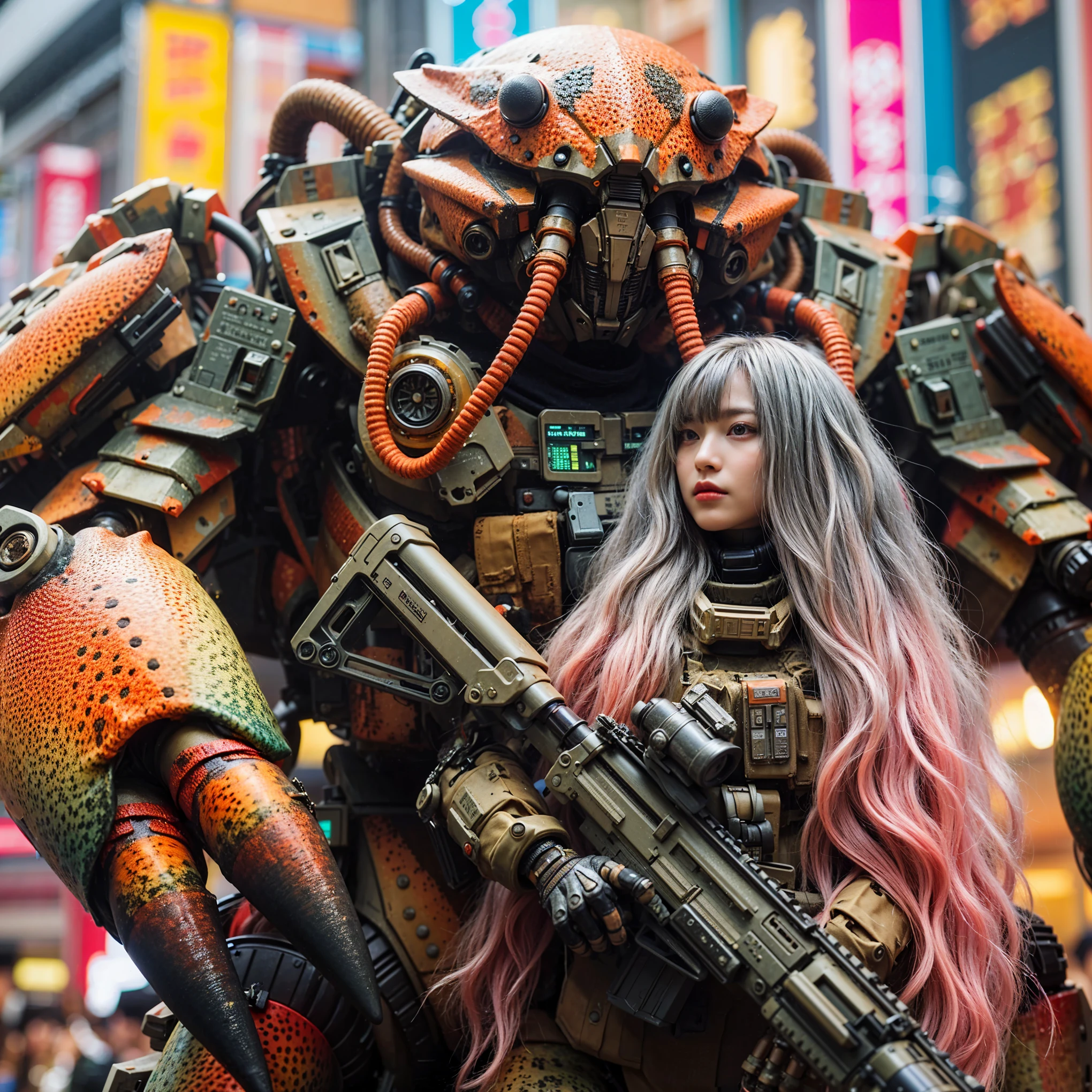 ultra high res,8k,(Photorealsitic:1.4), (beast-like animal wear:1.2), designed by Hajime Katoki,heavy weapons,metallic textures,animal legs, (red hair), japanese female soldier,(ultra beautiful face),((super realistic all textures)), ((super intricate all details)), full body shot, ultra sharp photo result, Acrylic Clear Cover, Hydraulic cylinder, style, taken with Fuji film X-T30+Nokton. HDR10,Minimum of 4 pieces created