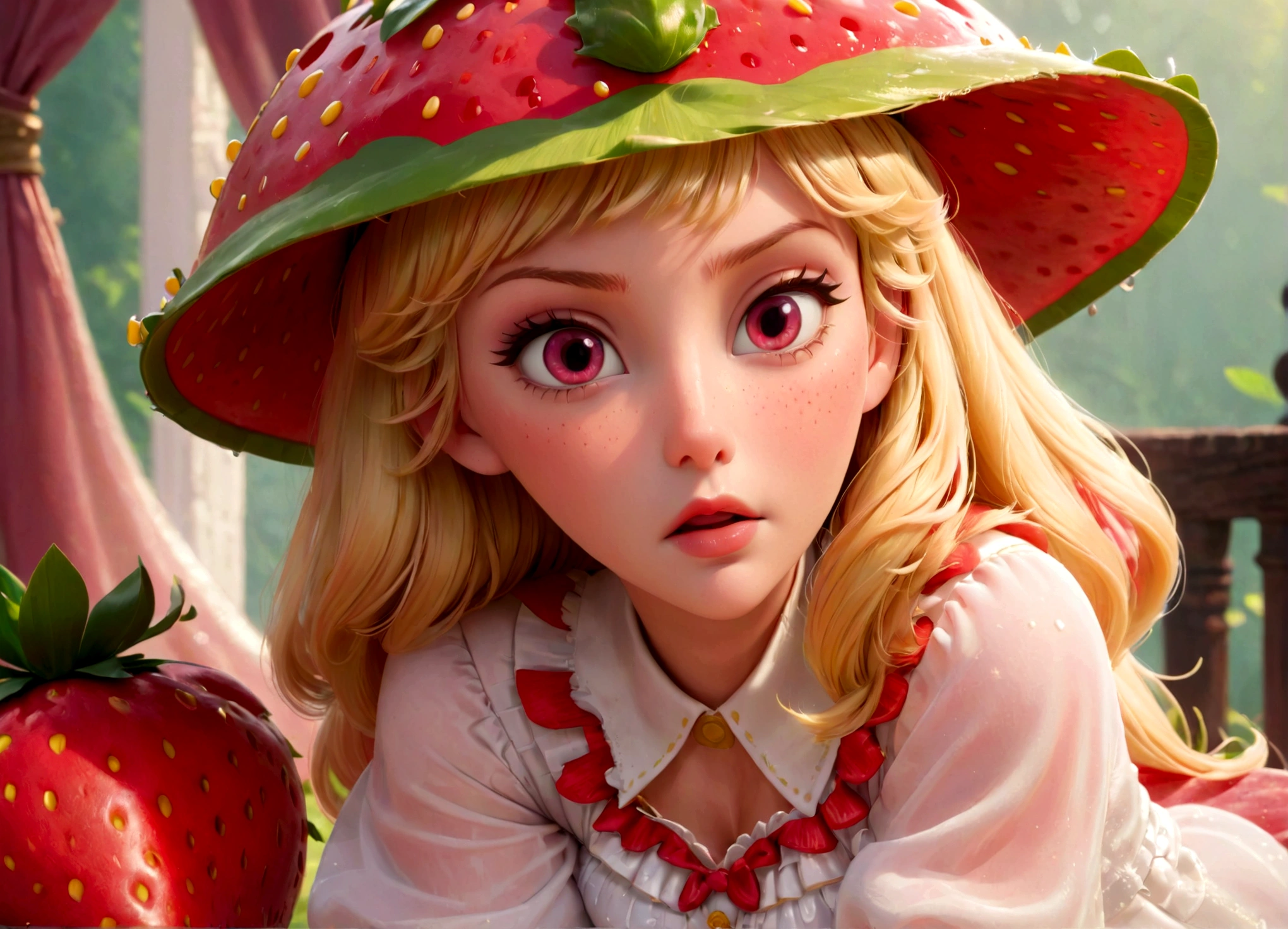 Candy wears a big strawberry hat with a red ribbon, Long sleeve white gown, And bare feet. Her yellow bangs peek out from under her strawberry hat、Each eye has three eyelashes。. Shine; Sparkling