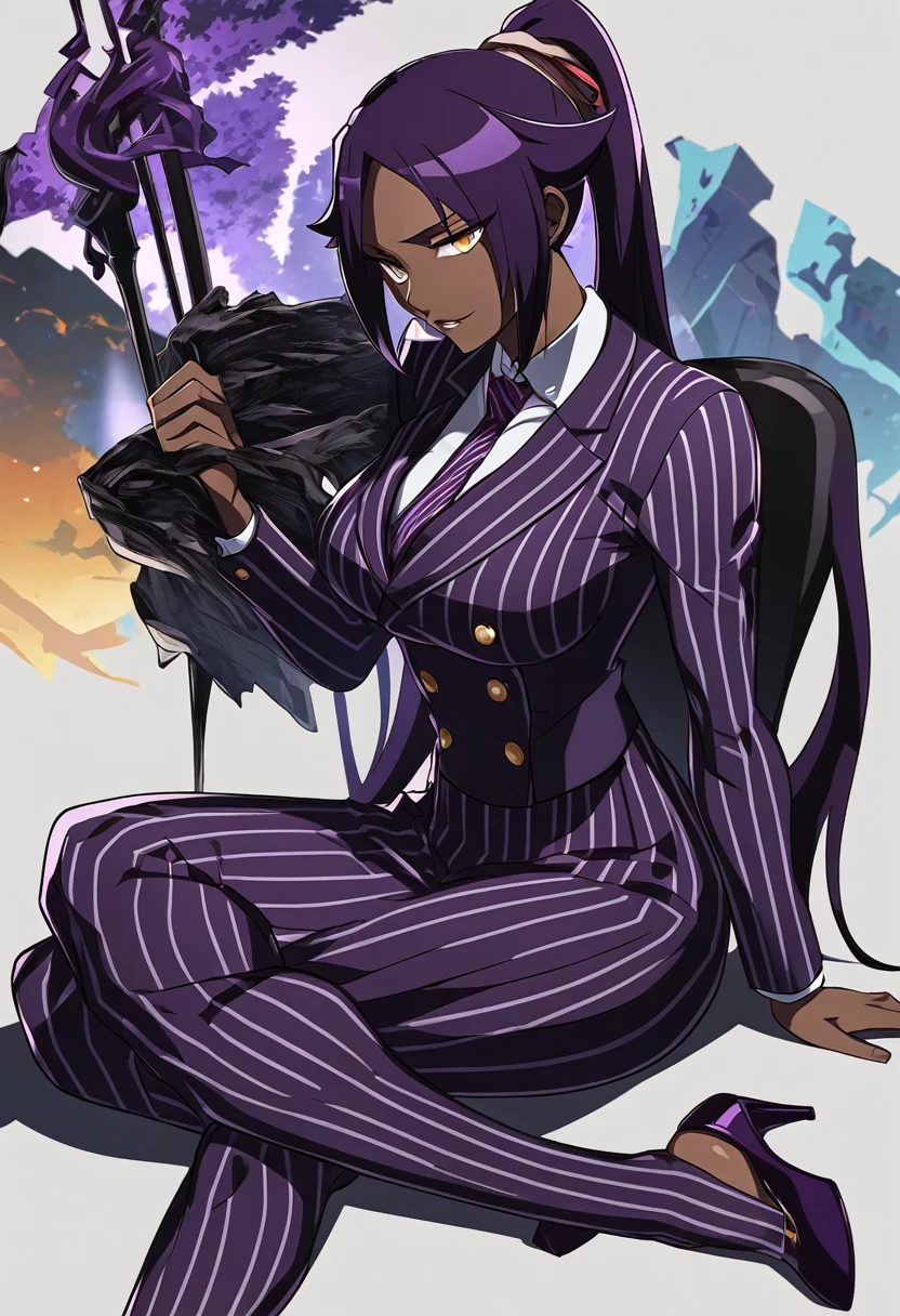  Full body Yoruichi as a thin Black business woman in a double breasted pinstripe purple  skirt suit while wearing a tie with a very long purple pinstripe skirt and with purple knee sock’s wearing purple heels while sitting full art anime 