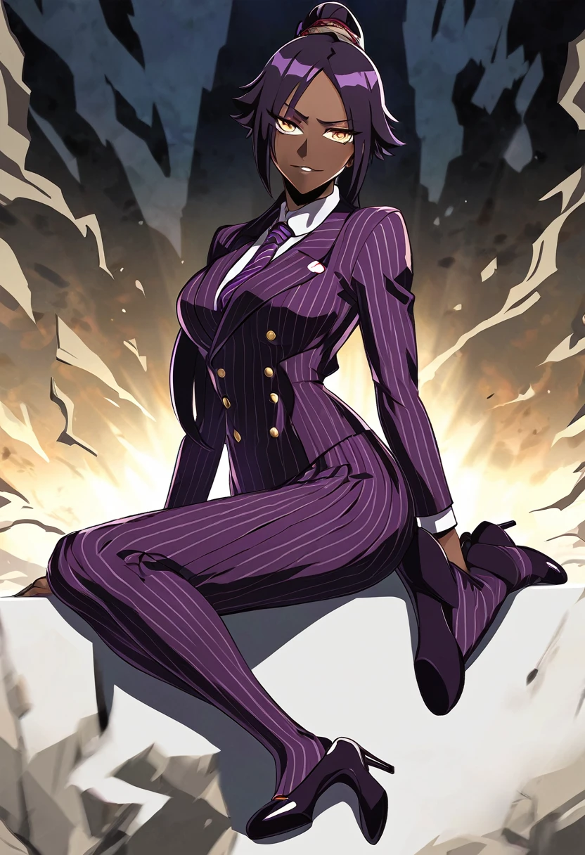  Full body Yoruichi as a thin Black business woman in a double breasted pinstripe purple  skirt suit while wearing a tie with a very long purple pinstripe skirt and with purple knee sock’s wearing purple heels while sitting full art anime 