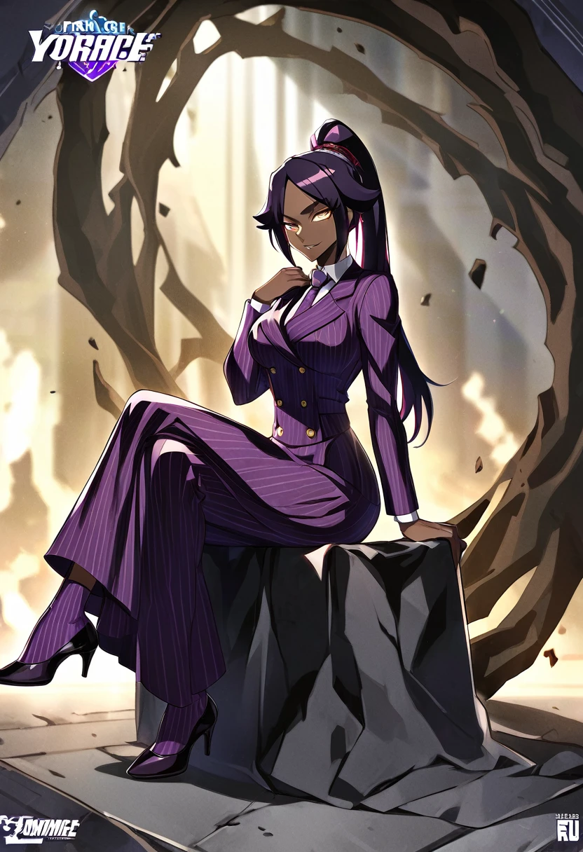 Full body Yoruichi as a thin Black business woman in a double breasted pinstripe purple skirt suit while wearing a tie with a very long purple pinstripe skirt and with purple knee sock’s wearing purple heels while sitting full art anime