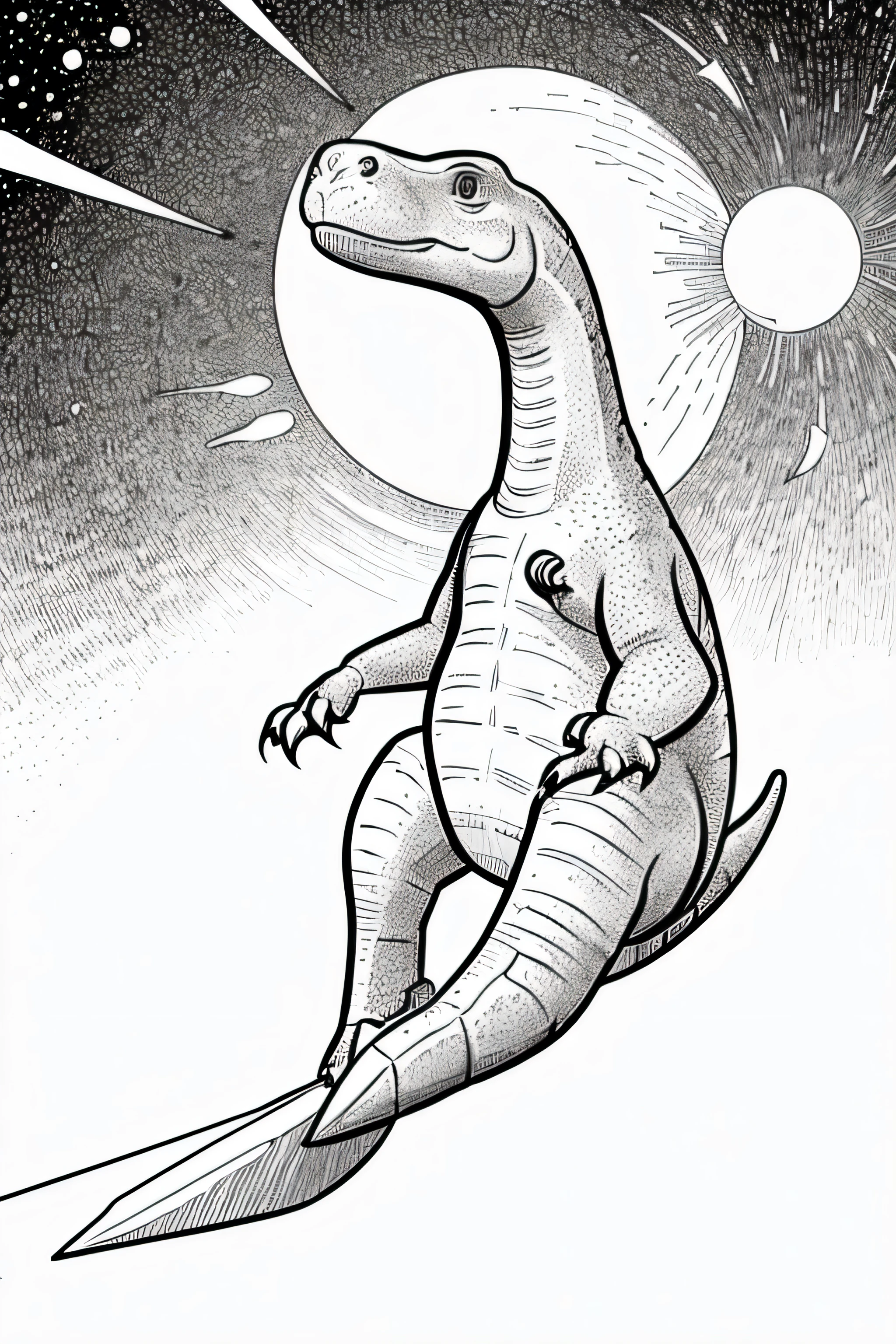 Create an illustration of a cute dinosaur exploring outer space, wearing an astronaut helmet, for a kids' coloring book. The dinosaur should be in black and white, featuring simple and clear lines suitable for coloring. The style should be friendly and appealing to children, with a playful expression and round, non-threatening features. Ensure the resolution is high (300 DPI) to make it print-ready for a coloring book.