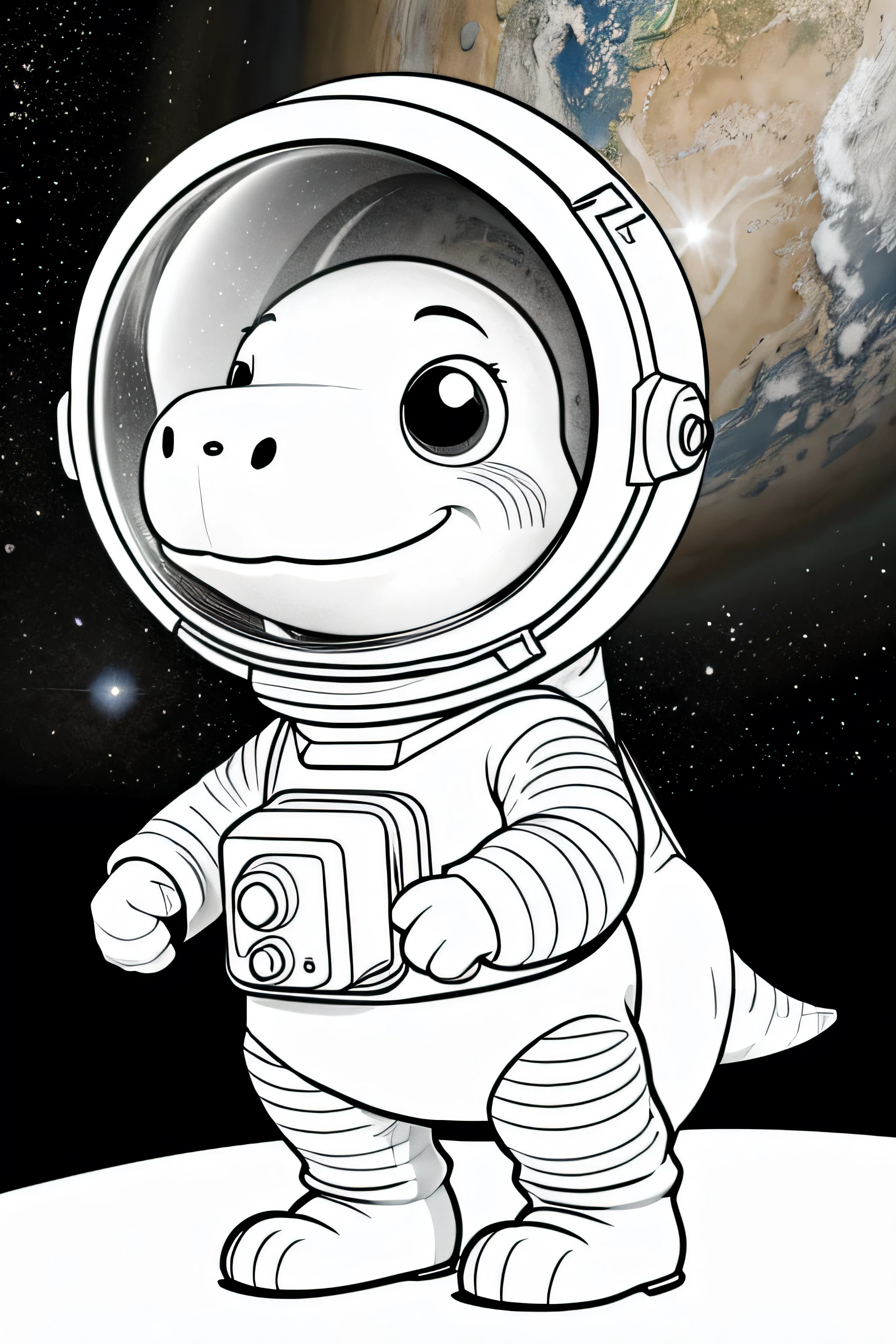 Create an illustration of a cute dinosaur exploring outer space, wearing an astronaut helmet, for a kids' coloring book. The dinosaur should be in black and white, featuring simple and clear lines suitable for coloring. The style should be friendly and appealing to children, with a playful expression and round, non-threatening features. Ensure the resolution is high (300 DPI) to make it print-ready for a coloring book.