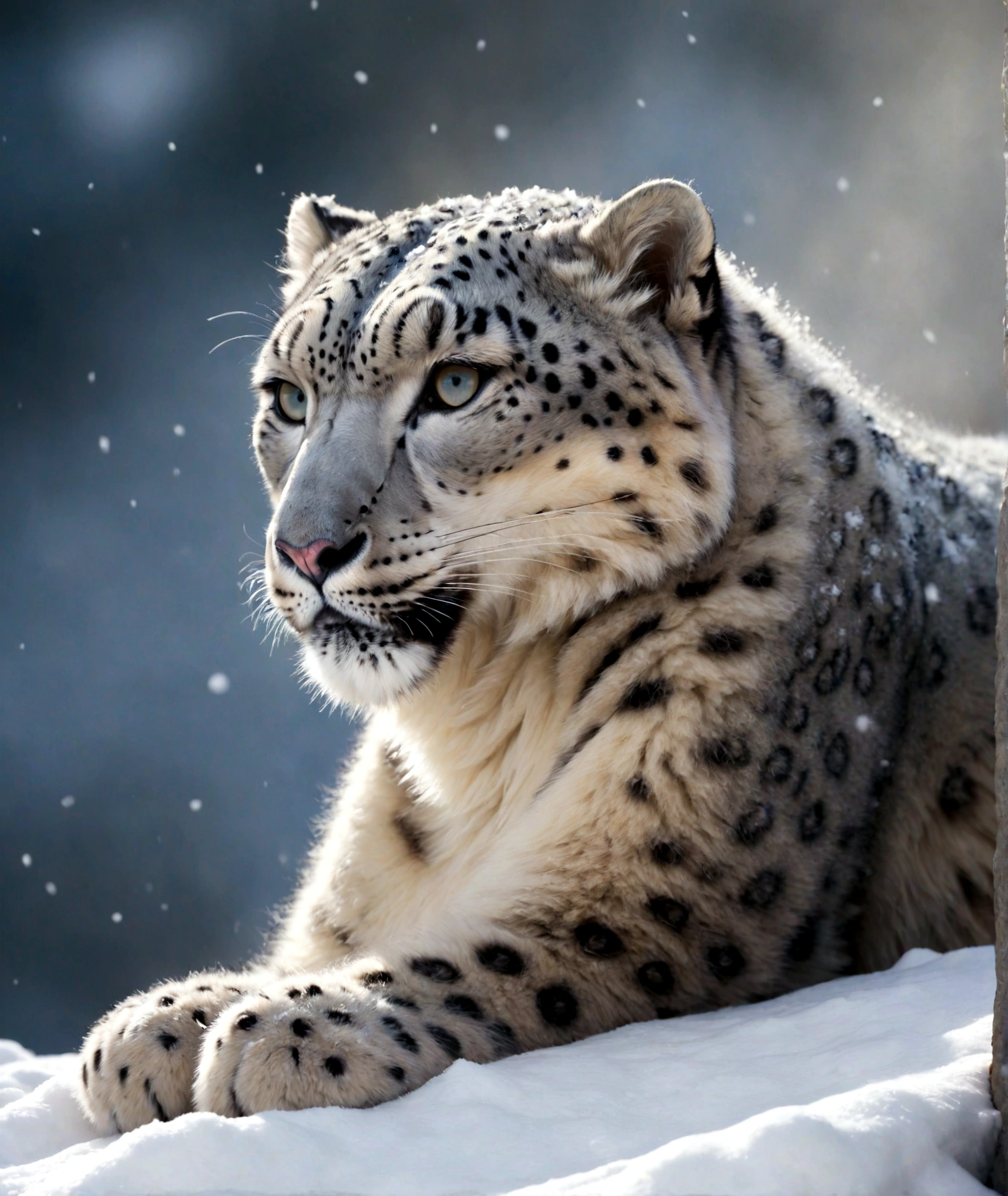 snow leopard laying down, fluffy snow leopard, bobbed tail