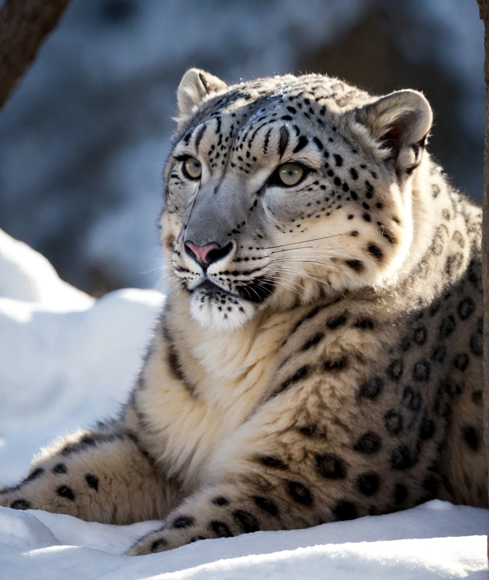 snow leopard laying down, fluffy snow leopard, bobbed tail