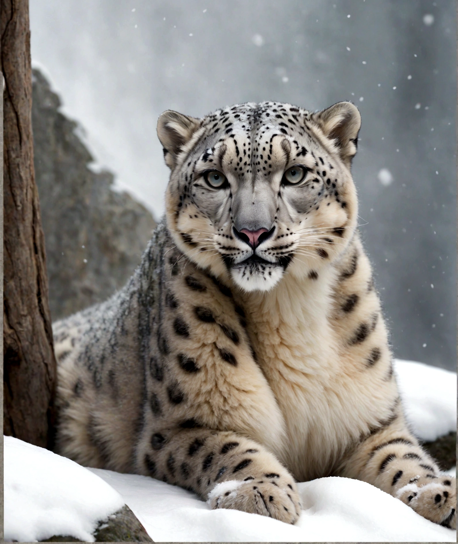 snow leopard laying down, fluffy snow leopard, bobbed tail