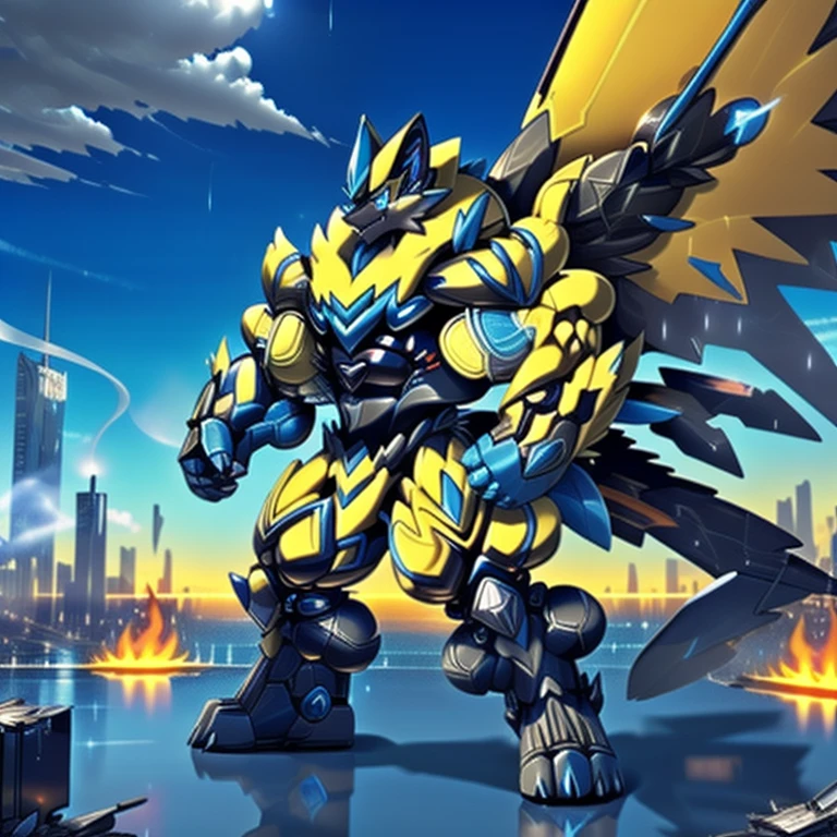 gigantic 10 storey tall zeraora holding huge assault rifles on both, hands with large shoulder missile launchers and a plasma blade, high detail, standing in a rainy city, 8k, high resolution, giant mechanical Muscular Zeraora, giant mechanical Muscular Zeraora is trampling the city, Zeraora is over 1000 meters long. Additional details: (masterpiece, official art, 8k, best quality) terrifying and imposing design, (smoke and flames rising from the destruction in the background, a lone figure) (high-tech bio-mecha armor, real texture material), (gigantic muscles, Gigachad Muscular, big muscle, pecs, triceps, traps, unusually developed muscular body, body full of huge muscles. showing off muscles, pectorales enormes, Exaggeratedly huge muscles.), (whole body shines like metal, Wearing cyberpunk mecha, emphasizes the muscles, suit fully made of metal, intricate armor, Robotic suit, suit fully made of metal, cyborg), (Spread wings, It has wings, have big wings, golden wings), (giant zeraora, Zeraora's giant robot, Powered exoskeleton with the same design as Zeraora), gundam,