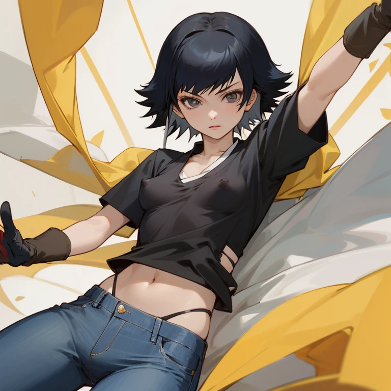 ((highest quality)), ((masterpiece)), (Familiar),  BLEACH,Soi Fon, 1 girl, alone,  Erect nipples, Black Hair,Slanted Eyes, Black clothes,Black Shirt,jeans, thin, short hair, Small breasts, gloves, 