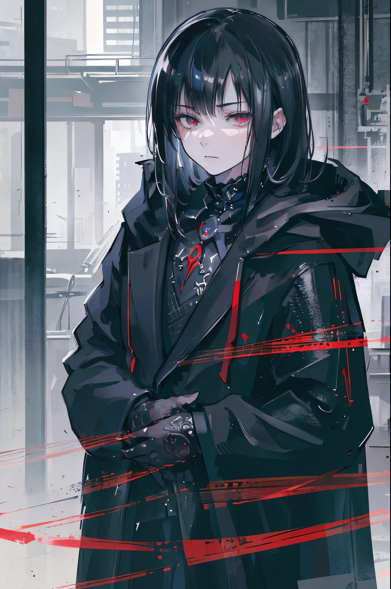 a young boy with long messy black hair, wearing a black overcoat, wearing blue oni mask, red eyes, (best quality,4k,8k,highres,masterpiece:1.2),ultra-detailed,(realistic,photorealistic,photo-realistic:1.37),sui ishida artstyle,intricate details,highly detailed face,extremely detailed eyes and face,longeyelashes,cinematic lighting,dramatic lighting,moody lighting,dark atmosphere,intense colors
